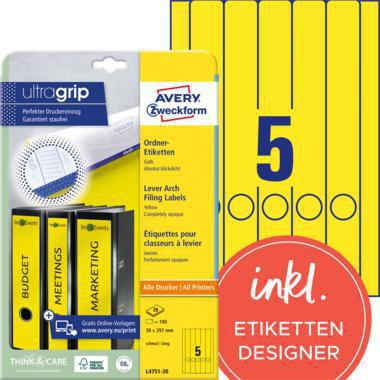 Ordnerrückenetikett Avery Zweckform ultragrip schmal/lang 38 x 297 mm (B x H) selbstklebend mit Griffloch gelb 100 E