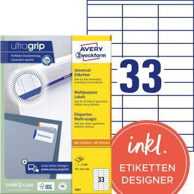 Universaletikett Avery Zweckform ultragrip 70 x 254 mm (B x H) nicht wieder ablösbar Papier weiß 3300 Etik/Pack AVERY