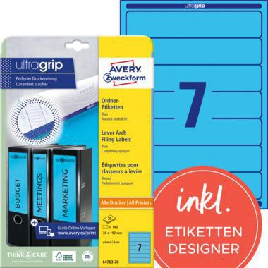 Ordnerrückenetikett Avery Zweckform ultragrip schmal/kurz 38 x 192 mm (B x H) selbstklebend ohne Griffloch blau 140
