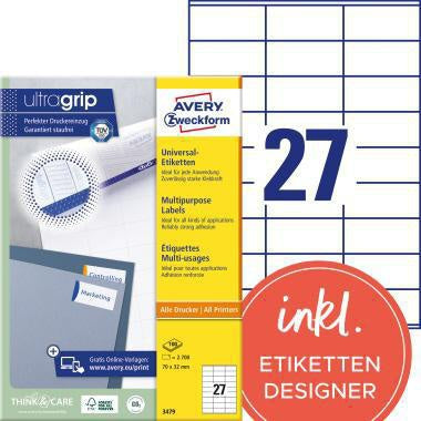 Universaletikett Avery Zweckform ultragrip 70 x 32 mm (B x H) nicht wieder ablösbar Papier weiß 2700 Etik/Pack AVERY