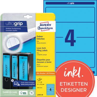 Ordnerrückenetikett Avery Zweckform ultragrip breit/kurz 61 x 192 mm (B x H) selbstklebend ohne Griffloch blau 80 Etik/Pack