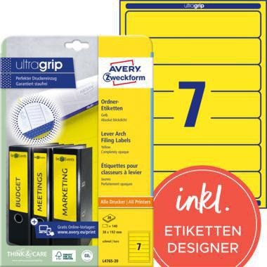 Ordnerrückenetikett Avery Zweckform ultragrip schmal/kurz 38 x 192 mm (B x H) selbstklebend ohne Griffloch gelb 140