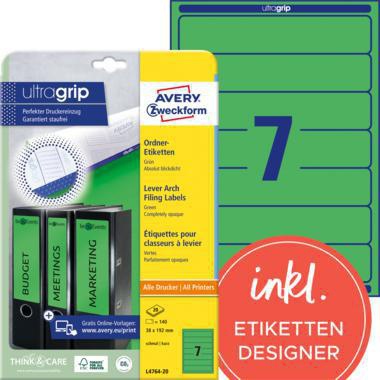 Ordnerrückenetikett Avery Zweckform ultragrip schmal/kurz 38 x 192 mm (B x H) selbstklebend ohne Griffloch grün 140