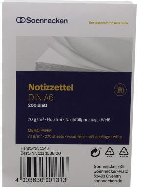 Zettelboxeinlage Soennecken DIN A6 70g/m² holzfrei weiß 200 Bl SOENNECKEN