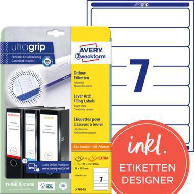 Ordnerrückenetikett Avery Zweckform ultragrip schmal/kurz 38 x 192 mm (B x H) selbstklebend ohne Griffloch weiß 210