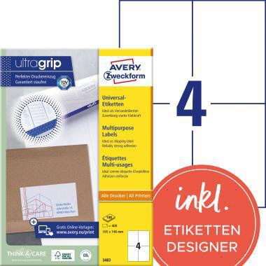 Universaletikett Avery Zweckform ultragrip 105 x 148 mm (B x H) nicht wieder ablösbar Papier weiß 400 Etik/Pack AVERY