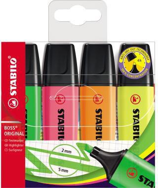 Textmarker STABILO® BOSS® ORIGINAL 2-5mm farbig sortiert Keilspitze 4 St/Pack STABILO