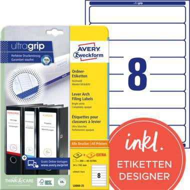 Ordnerrückenetikett Avery Zweckform ultragrip schmal/kurz 34 x 192 mm (B x H) selbstklebend ohne Griffloch weiß 240