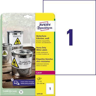 Folienetikett Avery Zweckform 210 x 297 mm (B x H) weiß 20 Etik/Pack AVERY ZWECKFORM