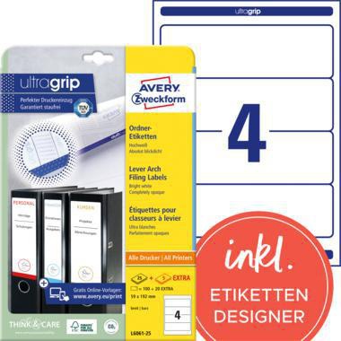 Ordnerrückenetikett Avery Zweckform ultragrip breit/kurz 59 x 192 mm (B x H) selbstklebend ohne Griffloch weiß 120 E