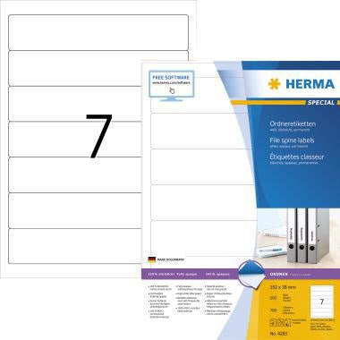 Ordnerrückenetikett HERMA schmal/kurz 38 x 192 mm (B x H) selbstklebend ohne Griffloch weiß 700 Etik/Pack HERMA