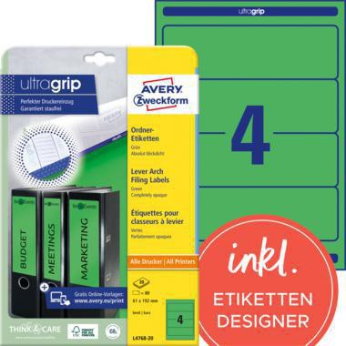 Ordnerrückenetikett Avery Zweckform ultragrip breit/kurz 61 x 192 mm (B x H) selbstklebend ohne Griffloch grün 80 Etik/Pack