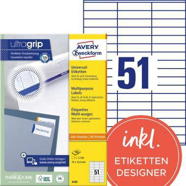 Universaletikett Avery Zweckform ultragrip 70 x 169 mm (B x H) nicht wieder ablösbar Papier weiß 5100 Etik/Pack AVERY