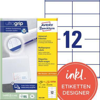 Universaletikett Avery Zweckform ultragrip 105 x 48 mm (B x H) nicht wieder ablösbar Papier weiß 2640 Etik/Pack AVERY