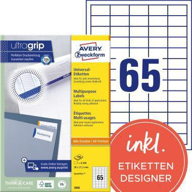 Universaletikett Avery Zweckform ultragrip 38 x 212 mm (B x H) nicht wieder ablösbar Papier weiß 6500 Etik/Pack AVERY