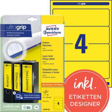 Ordnerrückenetikett Avery Zweckform ultragrip breit/kurz 61 x 192 mm (B x H) selbstklebend ohne Griffloch gelb 80 Etik/Pack