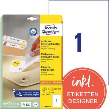 Universaletikett Avery Zweckform 210 x 297 mm (B x H) wieder ablösbar Papier weiß 30 Etik/Pack AVERY ZWECKFORM