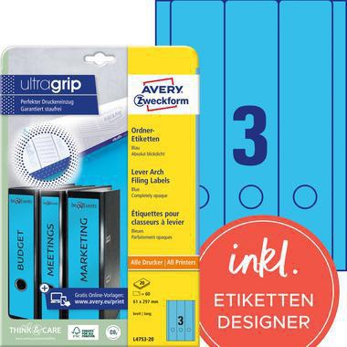 Ordnerrückenetikett Avery Zweckform ultragrip breit/lang 61 x 297 mm (B x H) selbstklebend mit Griffloch blau 60 Etik/Pack