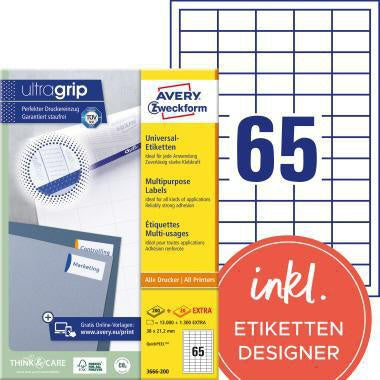 Universaletikett Avery Zweckform ultragrip 38 x 212 mm (B x H) nicht wieder ablösbar Papier weiß 14300 Etik/Pack AVERY