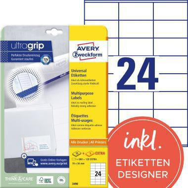 Universaletikett Avery Zweckform ultragrip 70 x 36 mm (B x H) nicht wieder ablösbar Papier weiß 720 Etik/Pack AVERY ZWECKFORM