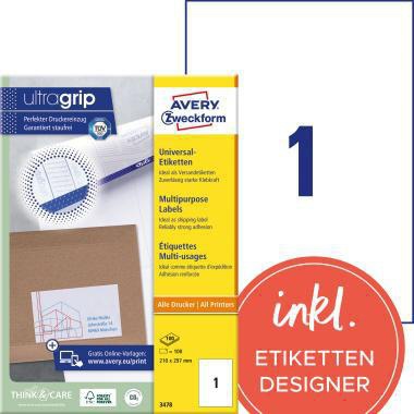Universaletikett Avery Zweckform ultragrip 210 x 297 mm (B x H) nicht wieder ablösbar Papier weiß 100 Etik/Pack AVERY