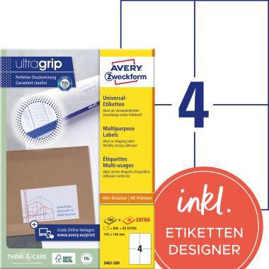 Universaletikett Avery Zweckform ultragrip 105 x 148 mm (B x H) nicht wieder ablösbar Papier weiß 880 Etik/Pack AVERY