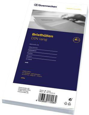 Briefumschlag Soennecken DIN lang 220 x 110 mm (B x H) ohne Fenster 80g/m² mit Haftklebung Papier weiß 25 St/Pack SOENNECKEN