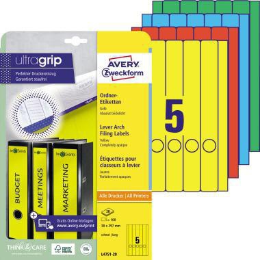 Ordnerrückenetikett Avery Zweckform ultragrip schmal/lang 38 x 297 mm (B x H) selbstklebend mit Griffloch gelb – Ansicht 4