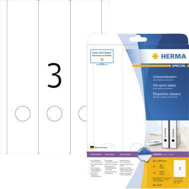 Ordnerrückenetikett HERMA breit/lang 61 x 297 mm (B x H) selbstklebend mit Griffloch weiß 75 Etik/Pack HERMA