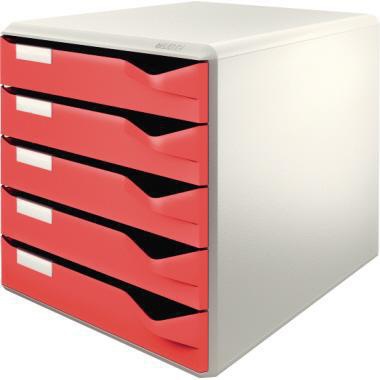 Schubladenbox Leitz 5 Schubladen DIN A4 Überbreite Polystyrol Gehäusefarbe: lichtgrau Farbe der Schublade: rot LEITZ