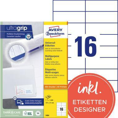 Universaletikett Avery Zweckform ultragrip 105 x 37 mm (B x H) nicht wieder ablösbar Papier weiß 1600 Etik/Pack AVERY