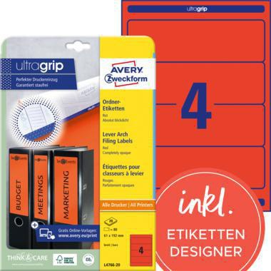 Ordnerrückenetikett Avery Zweckform ultragrip breit/kurz 61 x 192 mm (B x H) selbstklebend ohne Griffloch rot 80 Etik/Pack