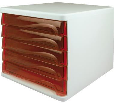 Schubladenbox helit the wave 5 Schubladen DIN A4 DIN C4 Polypropylen/Polystyrol Gehäusefarbe: weiß Farbe der Schublade: rot