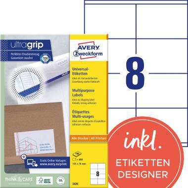Universaletikett Avery Zweckform ultragrip 105 x 70 mm (B x H) nicht wieder ablösbar Papier weiß 800 Etik/Pack AVERY