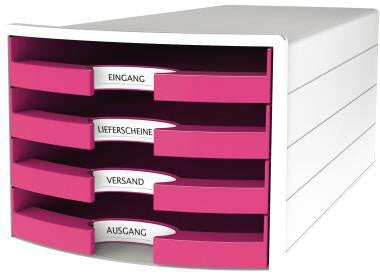 Schubladenbox HAN IMPULS 4 Schubladen DIN A4 DIN C4 Polystyrol Gehäusefarbe: weiß Farbe der Schublade: Trend Colour pink HAN