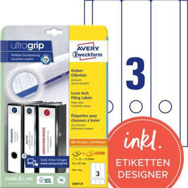 Ordnerrückenetikett Avery Zweckform ultragrip breit/lang 59 x 297 mm (B x H) selbstklebend mit Griffloch weiß 90 Etik/Pack