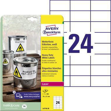 Folienetikett Avery Zweckform 70 x 37 mm (B x H) weiß 480 Etik/Pack AVERY ZWECKFORM