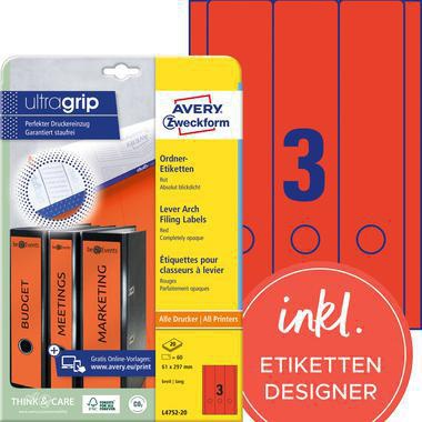 Ordnerrückenetikett Avery Zweckform ultragrip breit/lang 61 x 297 mm (B x H) selbstklebend mit Griffloch rot 60 Etik/Pack