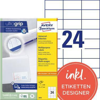 Universaletikett Avery Zweckform ultragrip 70 x 37 mm (B x H) nicht wieder ablösbar Papier weiß 2400 Etik/Pack AVERY