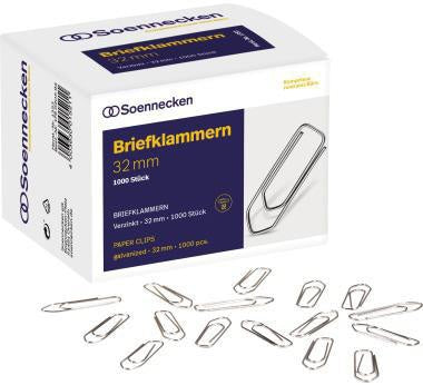 Büroklammer Soennecken spitze Form 32mm Metall verzinkt silber 1000 St/Pack SOENNECKEN