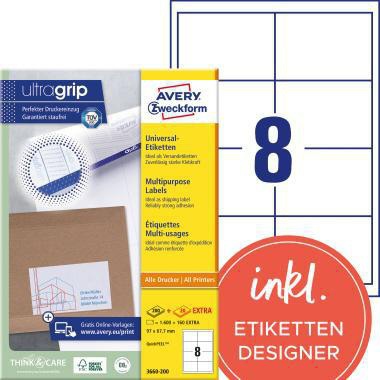 Universaletikett Avery Zweckform ultragrip 97 x 677 mm (B x H) nicht wieder ablösbar Papier weiß 1760 Etik/Pack AVERY