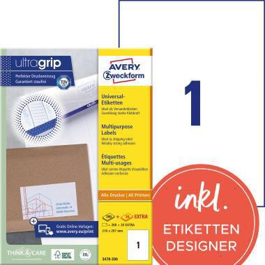 Universaletikett Avery Zweckform ultragrip 210 x 297 mm (B x H) nicht wieder ablösbar Papier weiß 220 Etik/Pack AVERY