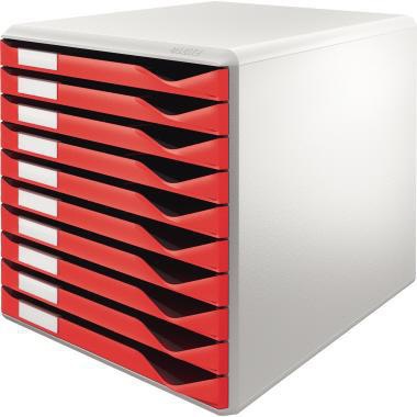 Schubladenbox Leitz 10 Schubladen DIN A4 Überbreite Polystyrol Gehäusefarbe: lichtgrau Farbe der Schublade: rot LEITZ