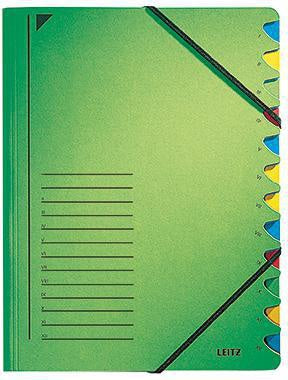 Ordnungsmappe Leitz DIN A4 350g/m² Pendareckarton recycelt Farbe: grün Farbe des Fächerblocks: mehrfarbig 12 Fächer LEITZ