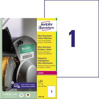 Folienetikett Avery Zweckform 210 x 297 mm (B x H) weiß 40 Etik/Pack AVERY ZWECKFORM