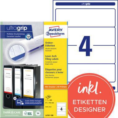 Ordnerrückenetikett Avery Zweckform ultragrip breit/kurz 61 x 192 mm (B x H) selbstklebend ohne Griffloch weiß 400 E