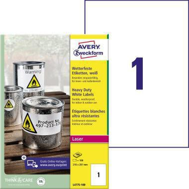 Folienetikett Avery Zweckform 210 x 297 mm (B x H) weiß 100 Etik/Pack AVERY ZWECKFORM