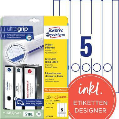 Ordnerrückenetikett Avery Zweckform ultragrip schmal/lang 38 x 297 mm (B x H) selbstklebend mit Griffloch weiß 150 E