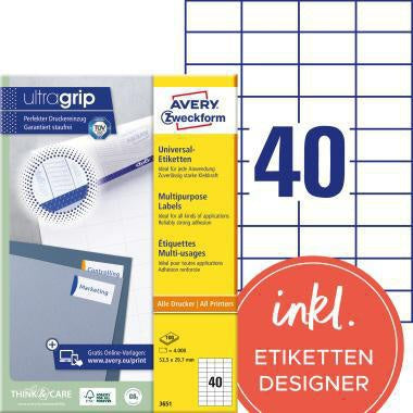 Universaletikett Avery Zweckform ultragrip 525 x 297 mm (B x H) nicht wieder ablösbar Papier weiß 4000 Etik/Pack AVERY