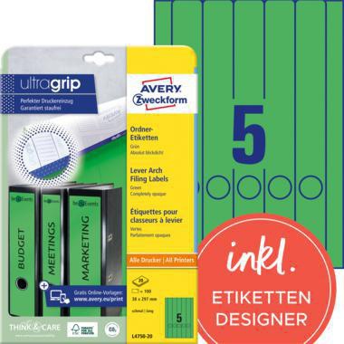 Ordnerrückenetikett Avery Zweckform ultragrip schmal/lang 38 x 297 mm (B x H) selbstklebend mit Griffloch grün 100 E